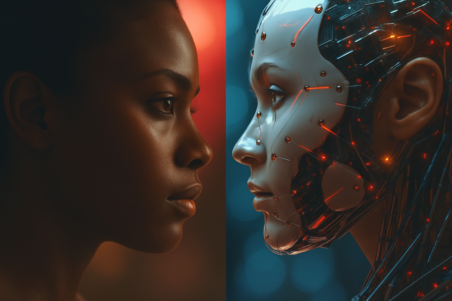 le visage d'une femme noire face à celui d'une androïde